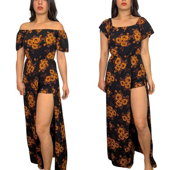 Windsor Black & Orange Off the Shoulder Maxi Romper - Picture 2 of 5